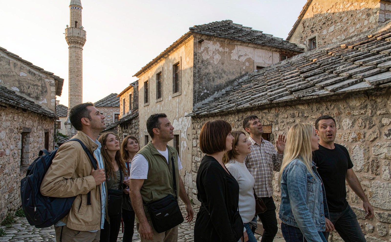 A small tour group in modest dress walking across a stone bridge over an emerald river in Bosnia