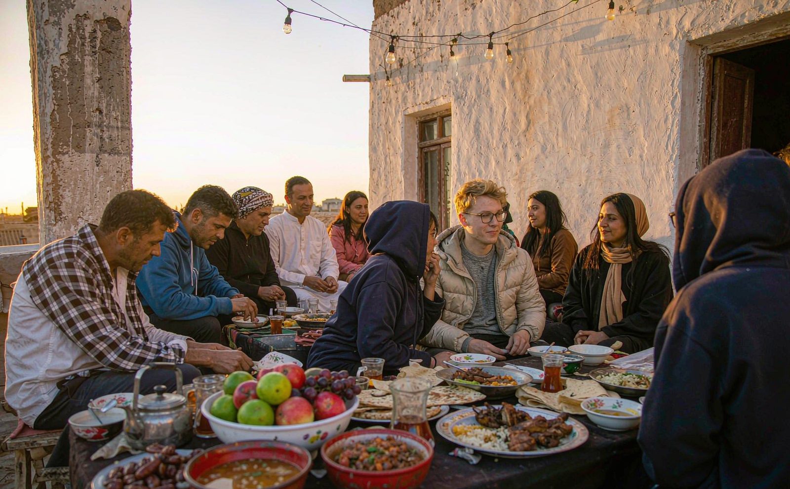 A group breaking their fast together at an iftar table outdoors at sunset