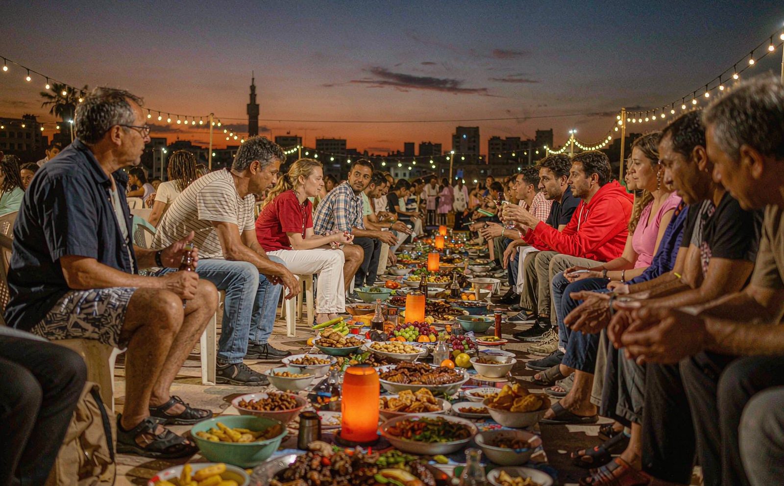 An open-air night market at dusk with families and travellers sharing food at long tables