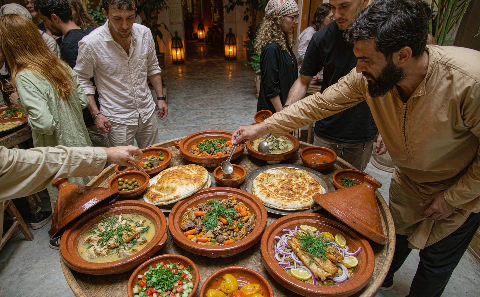 A shared table of tagines and bread in a Moroccan riad, travellers serving each other