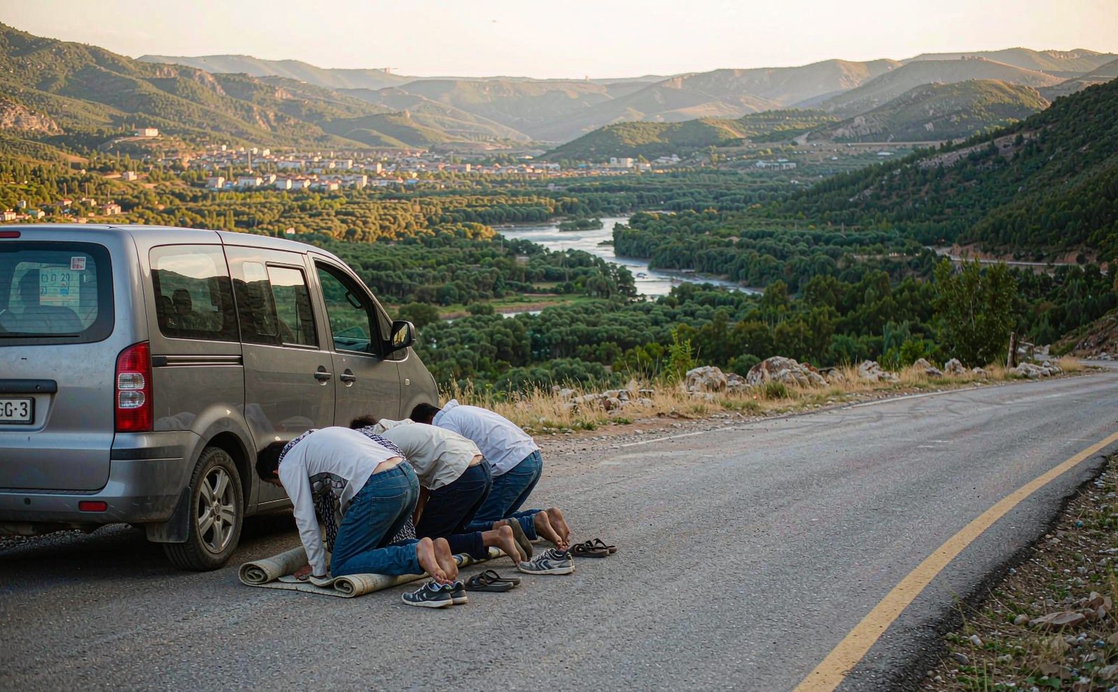 Travellers praying together on a mat beside a parked car on a quiet mountain road at dawn