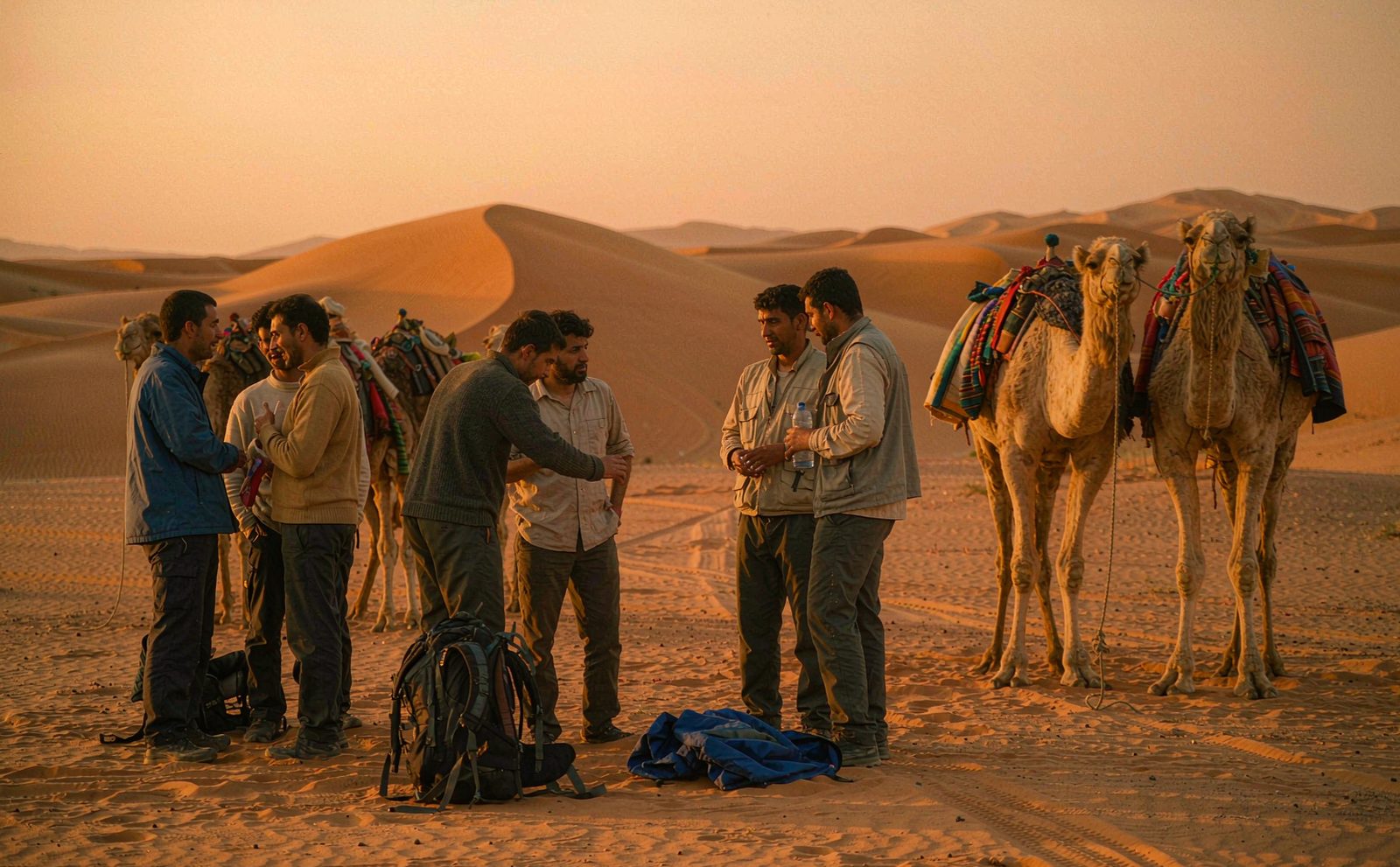A small group of travellers with backpacks resting beside a camel caravan on a desert track at dusk