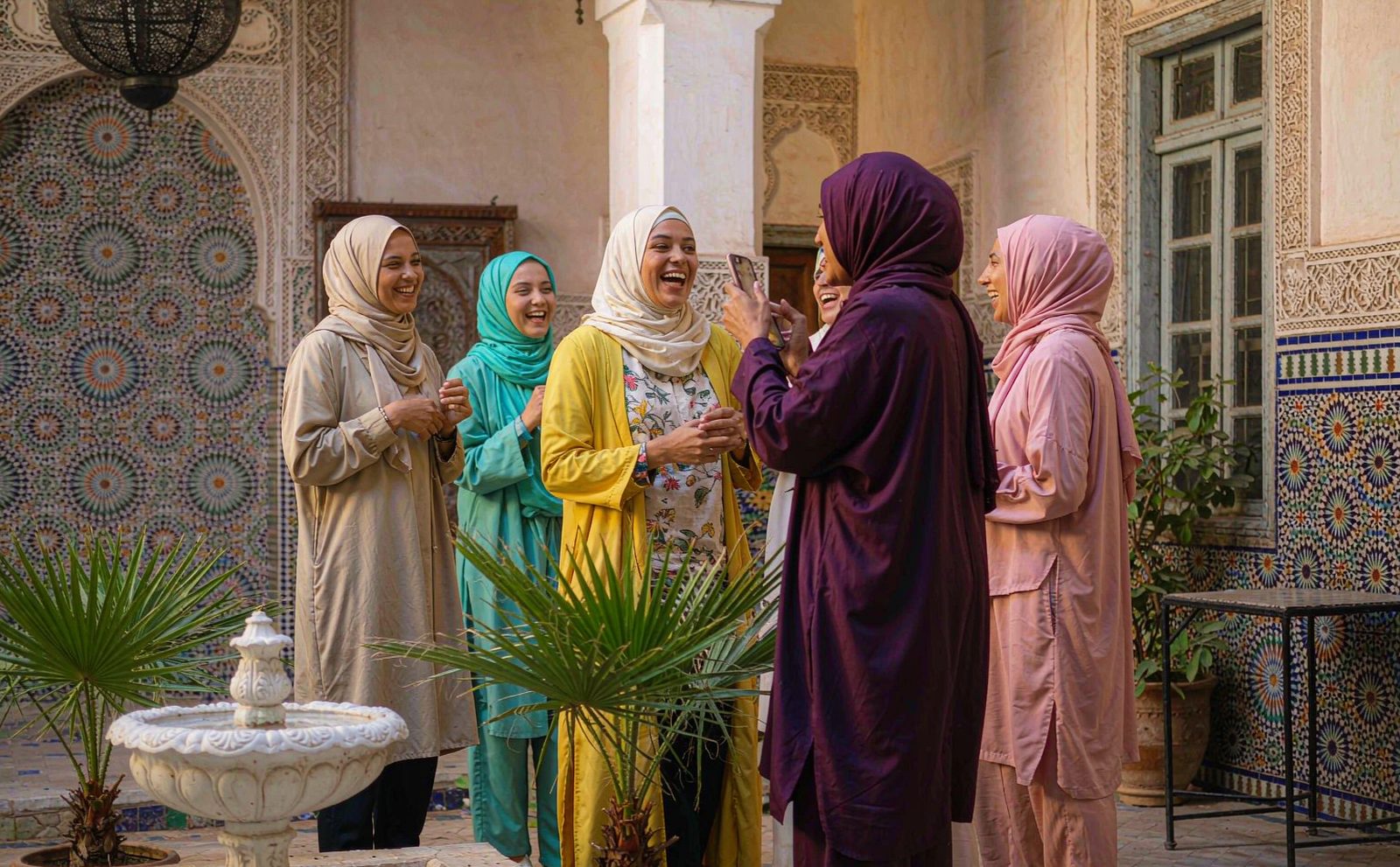 A small group of Muslim women travellers in hijab laughing together in a sunlit riad courtyard