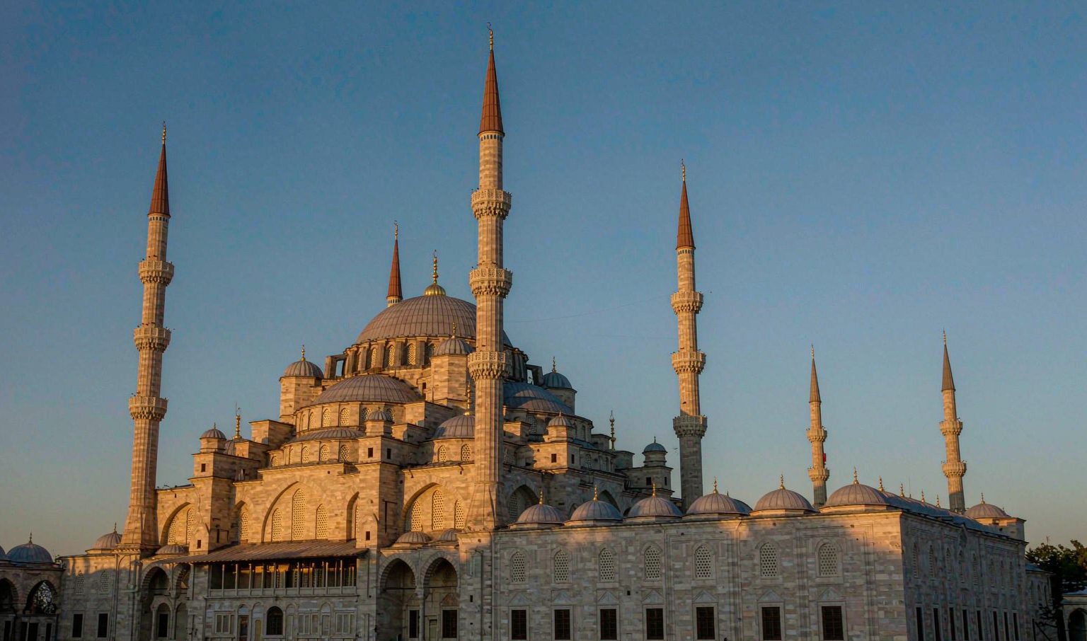The Blue Mosque and its minarets at sunset in Istanbul